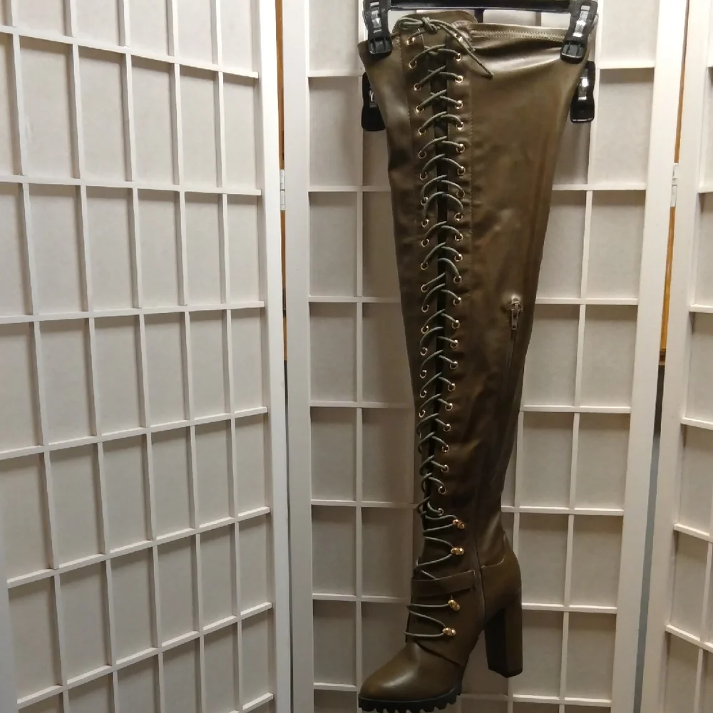 Olive Lace-Up Over-the-Knee Thigh High Boots